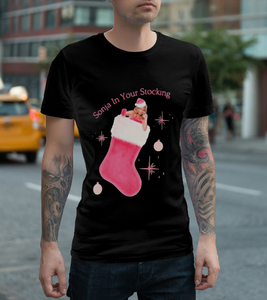 Sonja In Your Stocking Holiday Christmas Sox Pink Santa Hat Festive T-Shirt