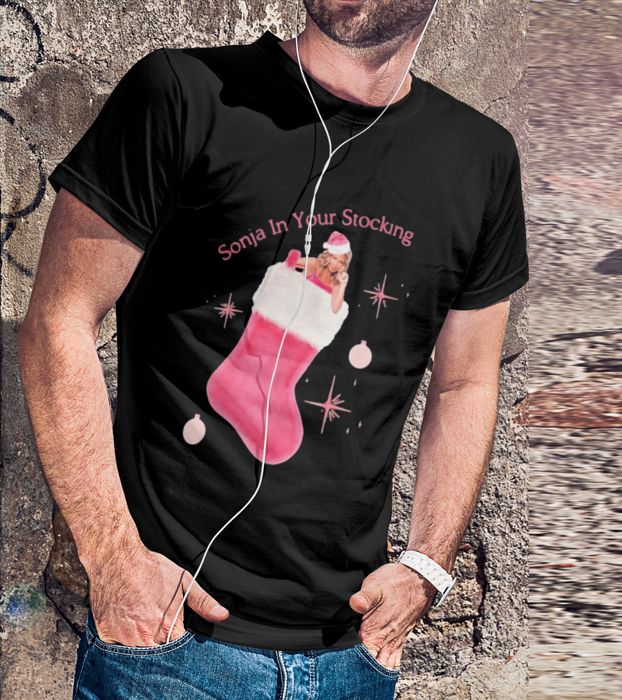 Sonja In Your Stocking Holiday Christmas Sox Pink Santa Hat Festive T-Shirt