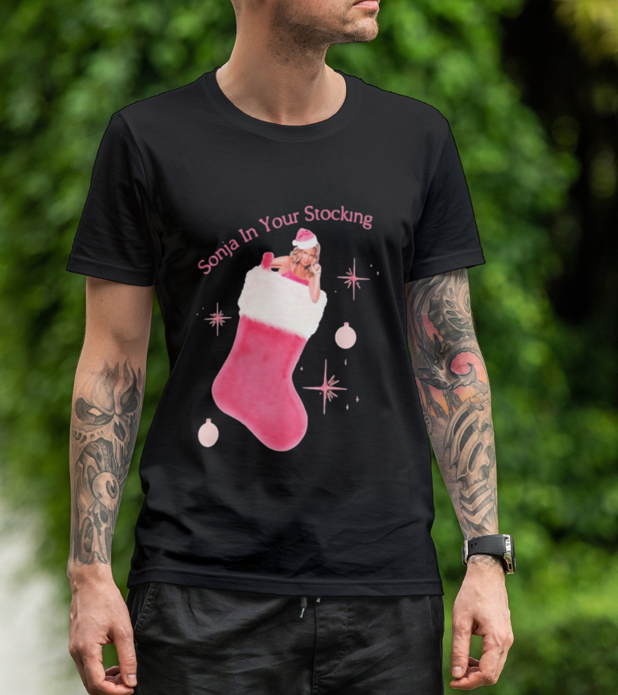 Sonja In Your Stocking Holiday Christmas Sox Pink Santa Hat Festive T-Shirt