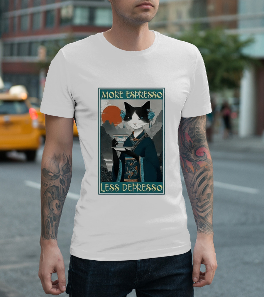 More Espresso Less Depresso Zen Barista Cat Ukiyo E T-Shirt