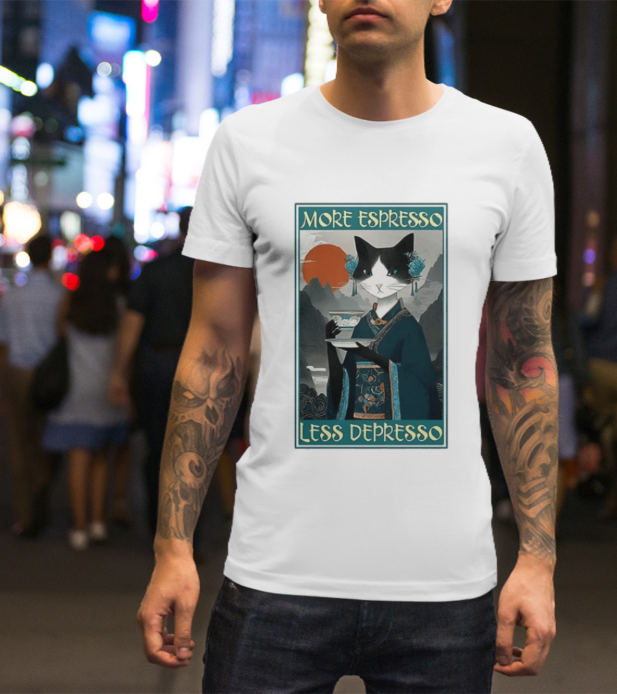 More Espresso Less Depresso Zen Barista Cat Ukiyo E T-Shirt