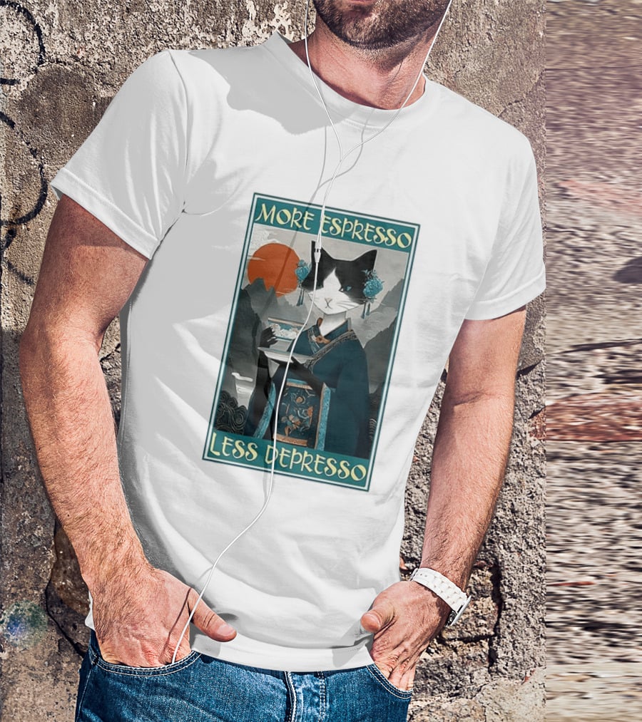 More Espresso Less Depresso Zen Barista Cat Ukiyo E T-Shirt