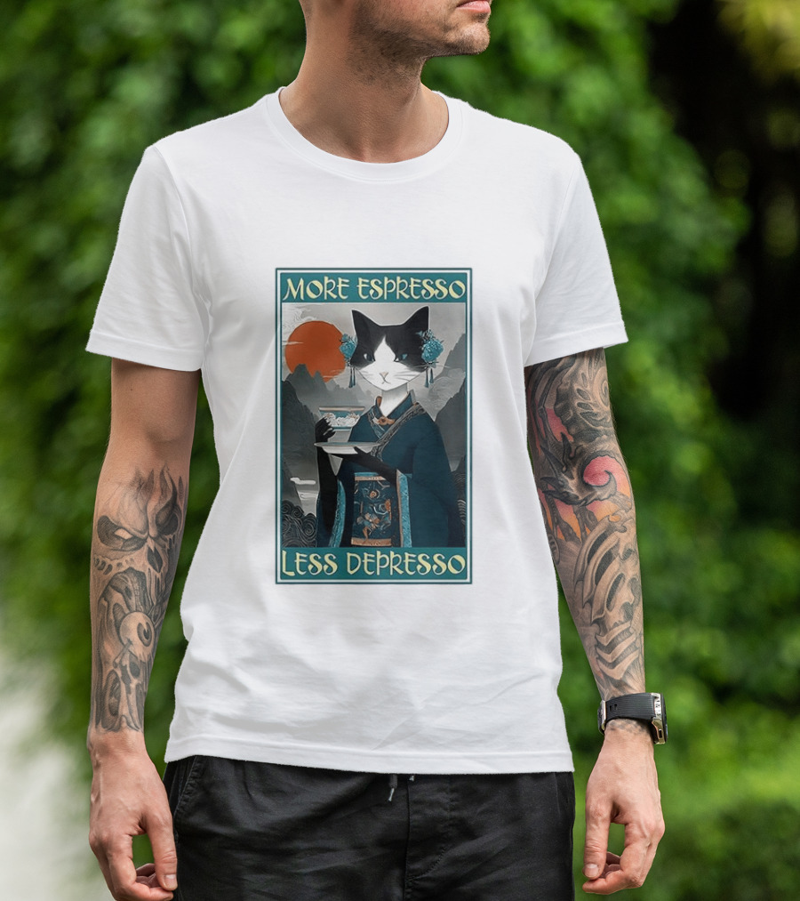 More Espresso Less Depresso Zen Barista Cat Ukiyo E T-Shirt