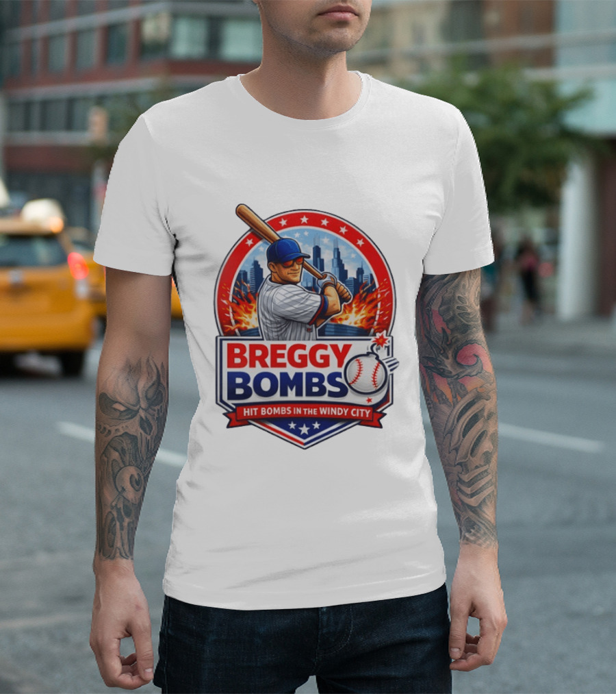 Breggy Bombs Hit Bombs In The Windy City Baseball Power Chicago Skyline Fireworks T-Shirt