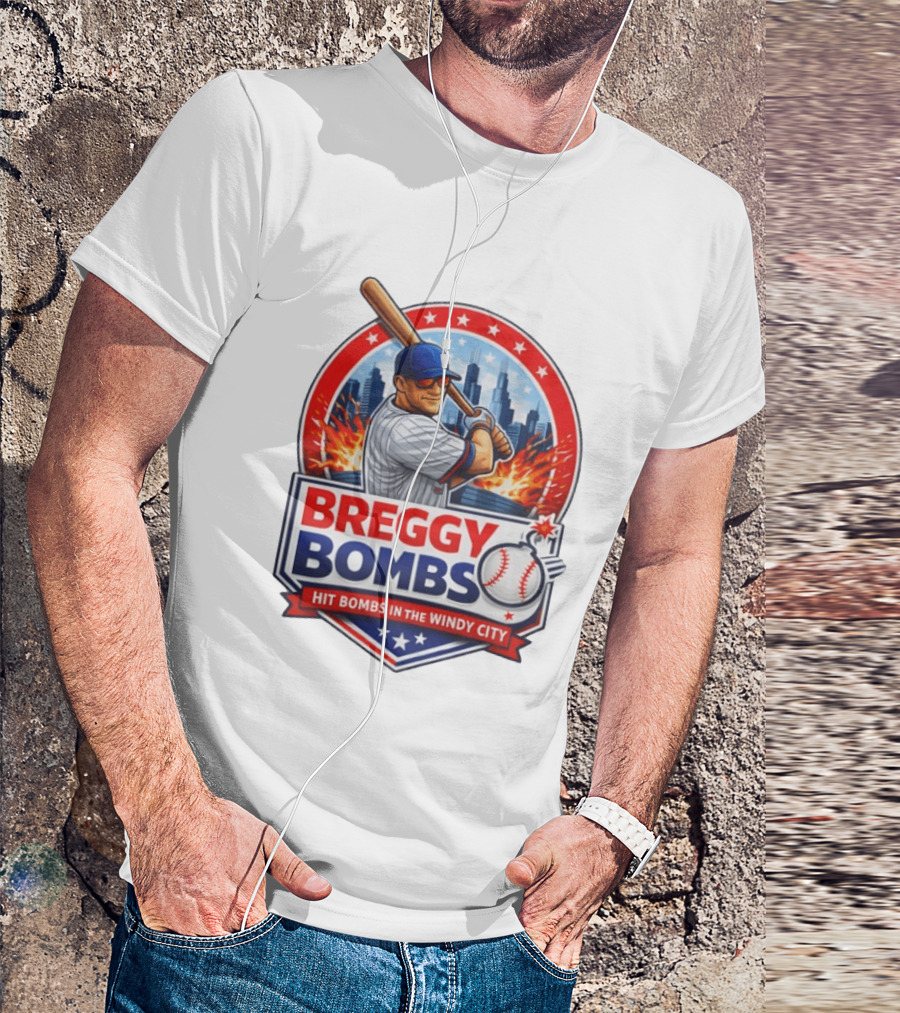 Breggy Bombs Hit Bombs In The Windy City Baseball Power Chicago Skyline Fireworks T-Shirt