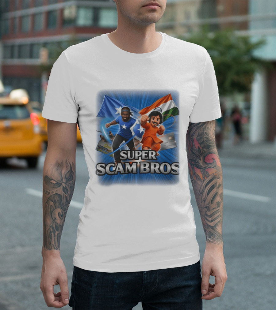 Super Scam Bros Indian Flag With Cartoon Superheroes And Credit Cards T-Shirt