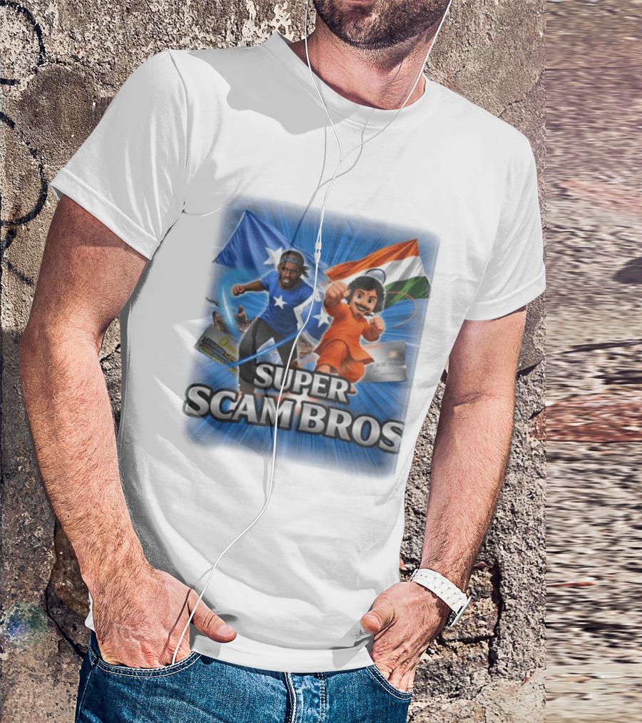 Super Scam Bros Indian Flag With Cartoon Superheroes And Credit Cards T-Shirt