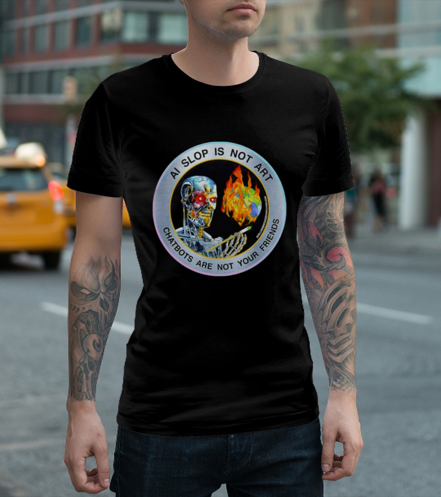 AI Slop Is Not Art Chatbots Are Not Your Friends Cyborg Painting Flames T-Shirt
