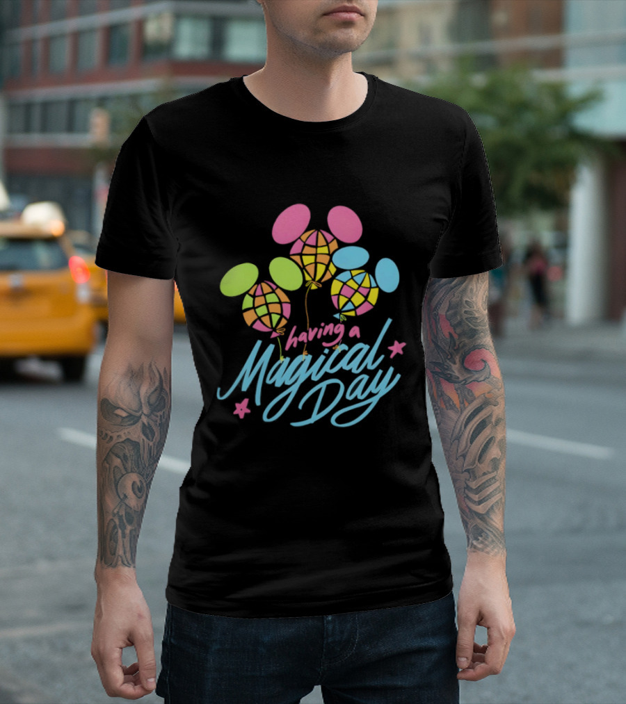 Having A Magical Day Neon Checkered Balloon Bright Colorful Celebration T-Shirt