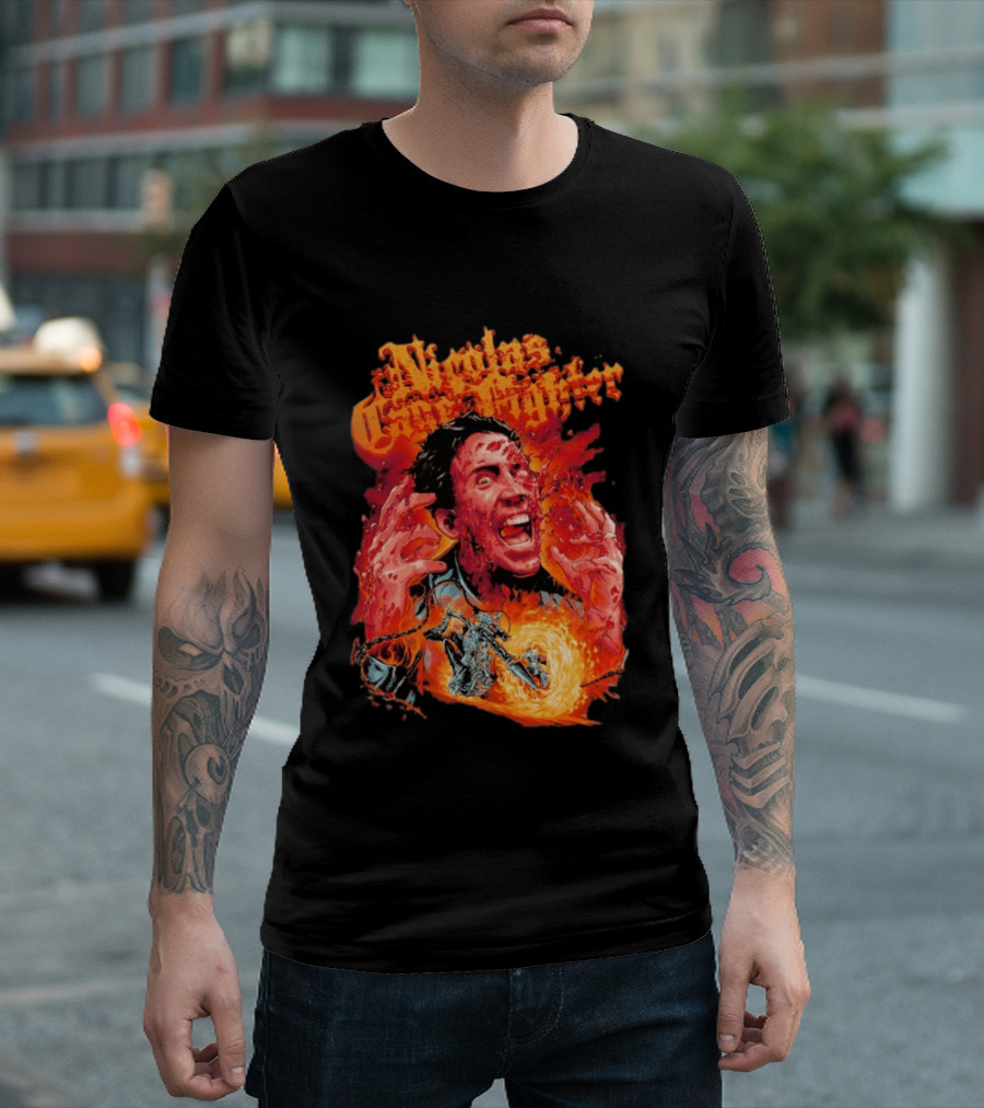 Nicolas Cage Fighter Melting Face Ghost Rider Flame Chain T-Shirt