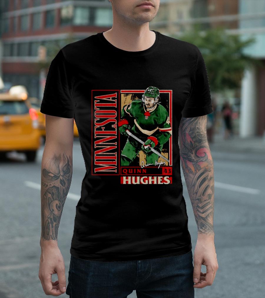 Minnesota Quinn Hughes 43 Hockey Player Art Card T-Shirt