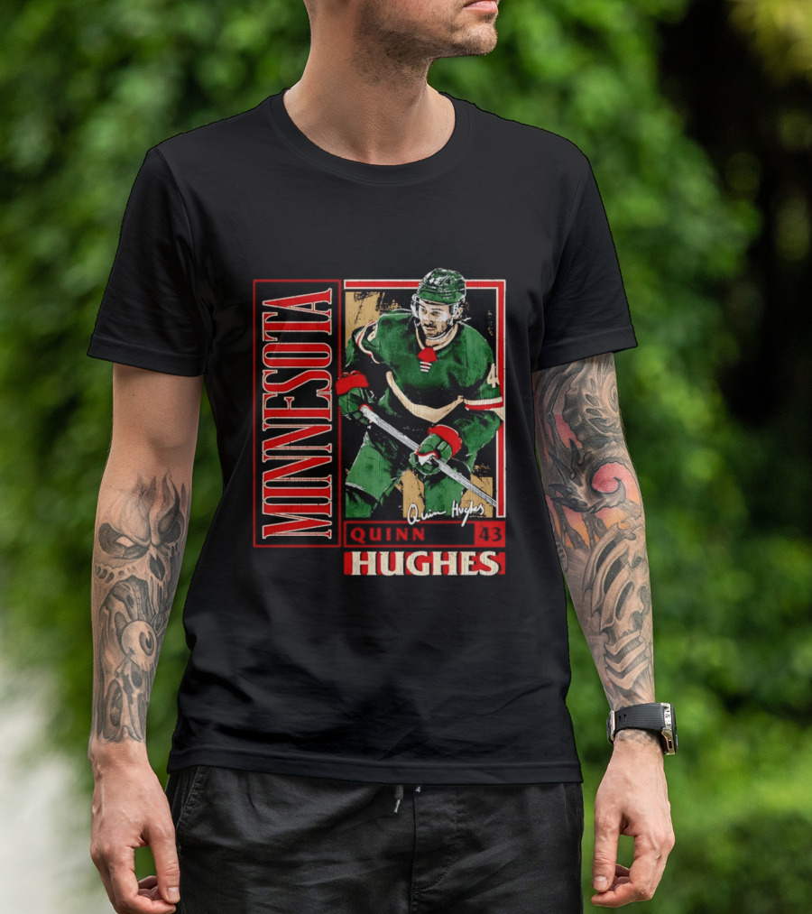 Minnesota Quinn Hughes 43 Hockey Player Art Card T-Shirt