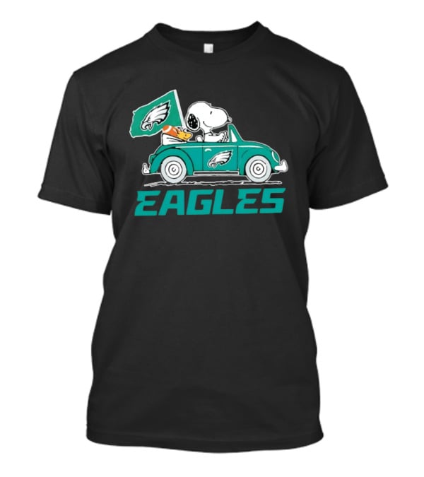 Snoopy Woodstock Driving Car With Philadelphia Eagles Flag EAGLES T-Shirt