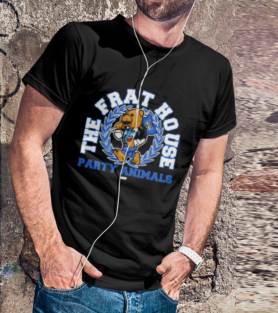The Frat House Party Animals Beer Bear Drinking In Blue College Jacket T-Shirt