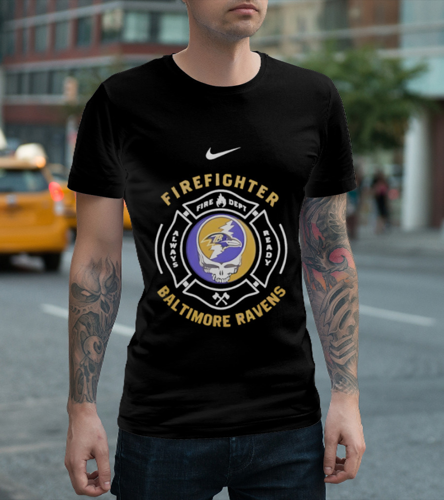 Nike Baltimore Ravens Grateful Dead Firefighter Ravens Heads SFDNY Station 26 Engine 58 T-Shirt