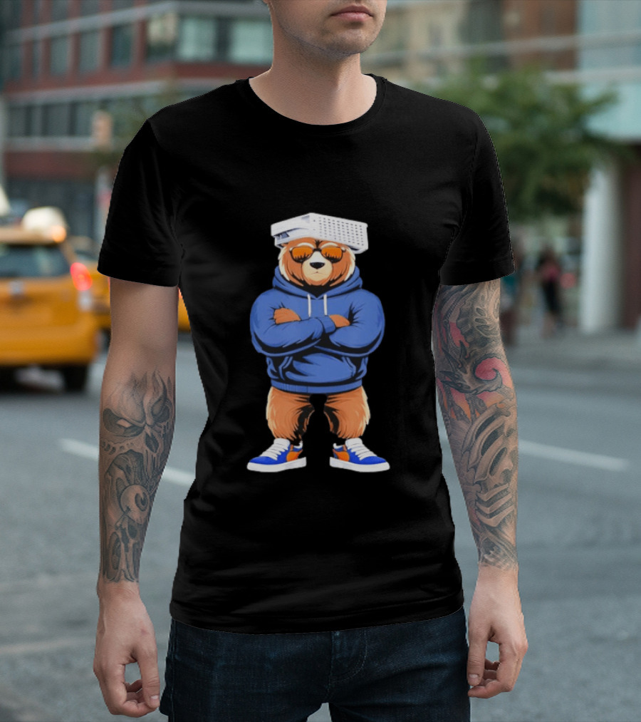 Bear With Cheese Grater Hat And Cool Sunglasses In Blue T-Shirt