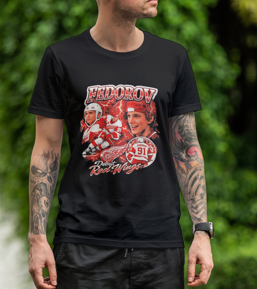 Fedorov 91 Detroit Red Wings Vintage Hockey Hero T-Shirt