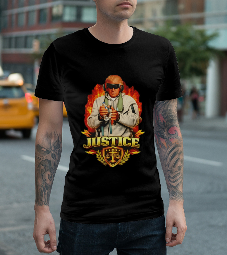 Justice Trump Flaming Background Holding Water Scales Of Justice T-Shirt