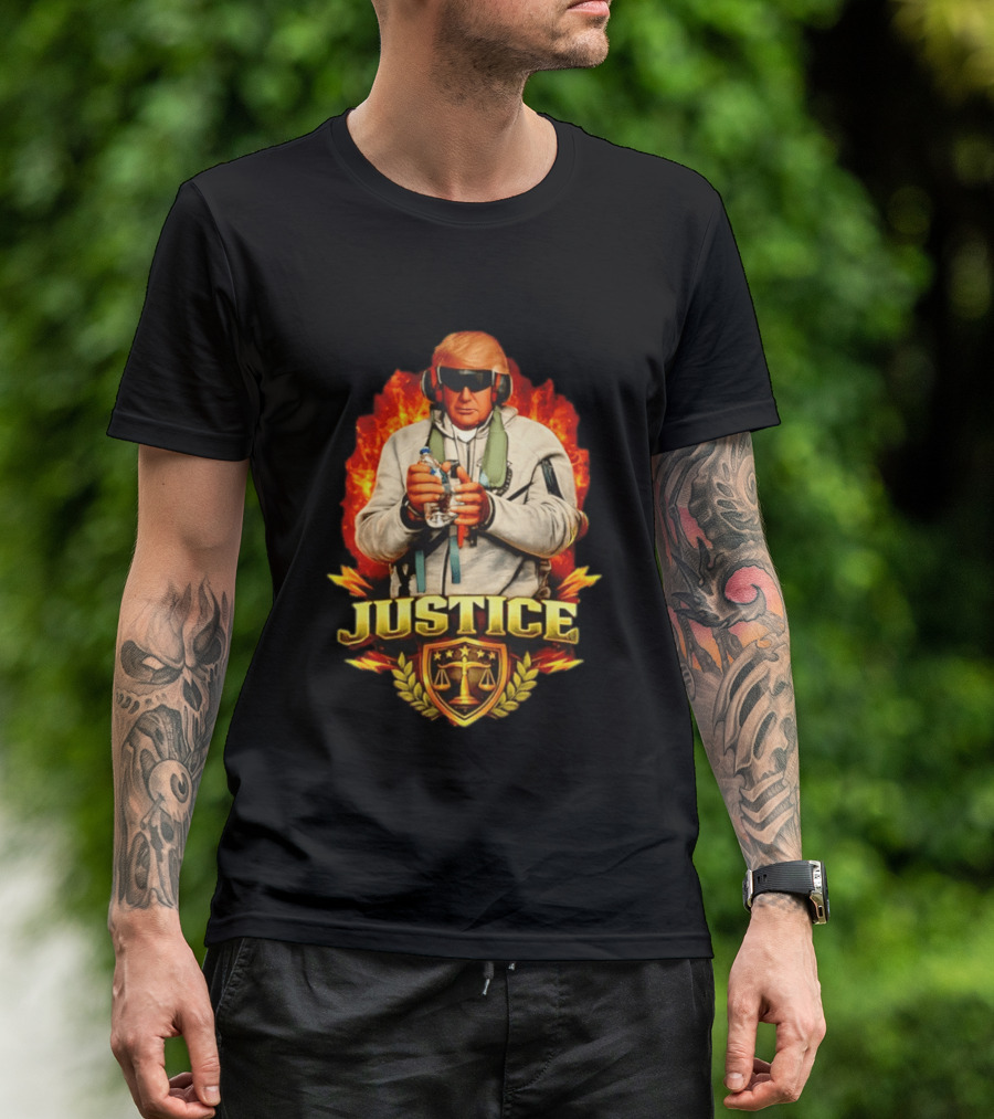 Justice Trump Flaming Background Holding Water Scales Of Justice T-Shirt