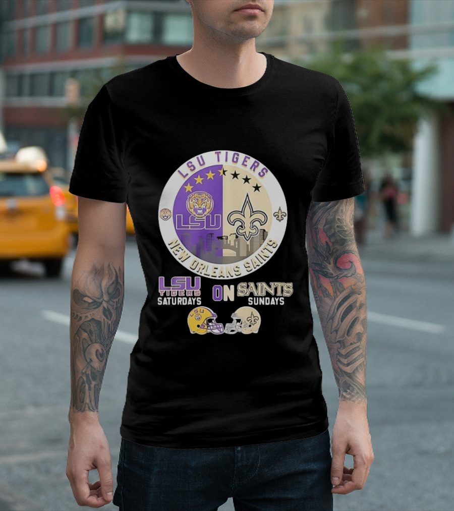 LSU Tigers Saturdays New Orleans Saints Sundays Mashup Helmet T-Shirt