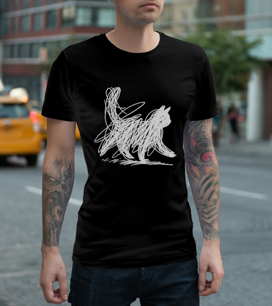 Scribble Cat Minimal Line Art Japanese T-Shirt