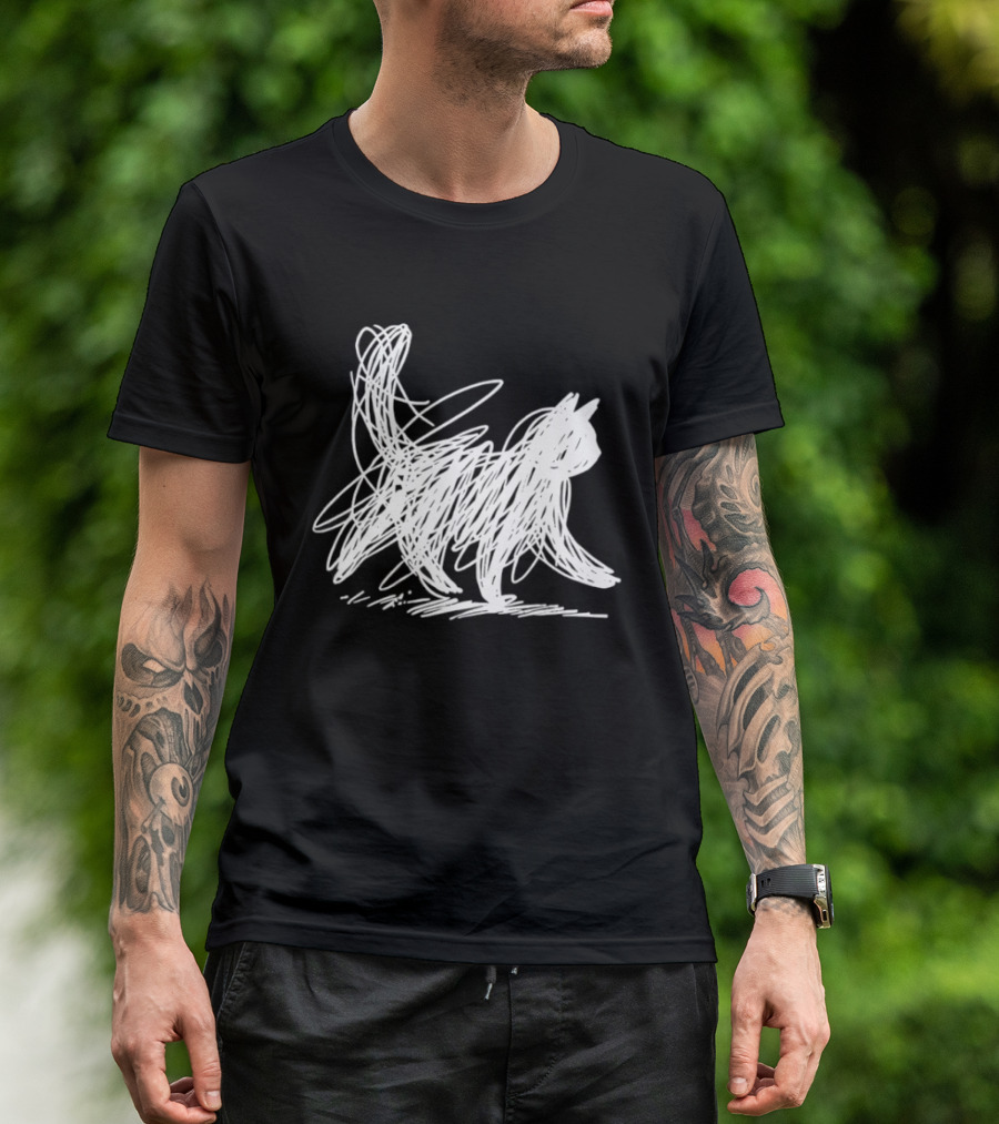 Scribble Cat Minimal Line Art Japanese T-Shirt