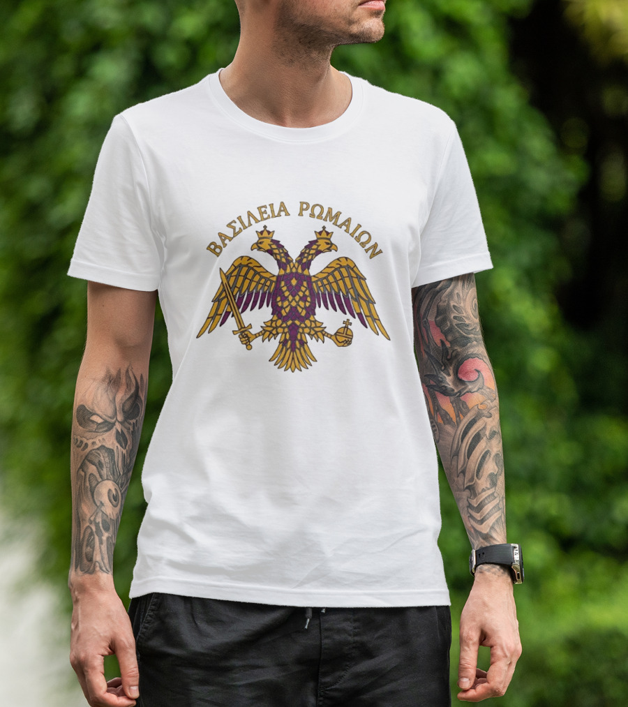 ΒΑΣΙΛΕΙΑ ΡΩΜΑΙΩΝ Byzantine Double Headed Eagle Symbol Greek Orthodox Heritage T-Shirt
