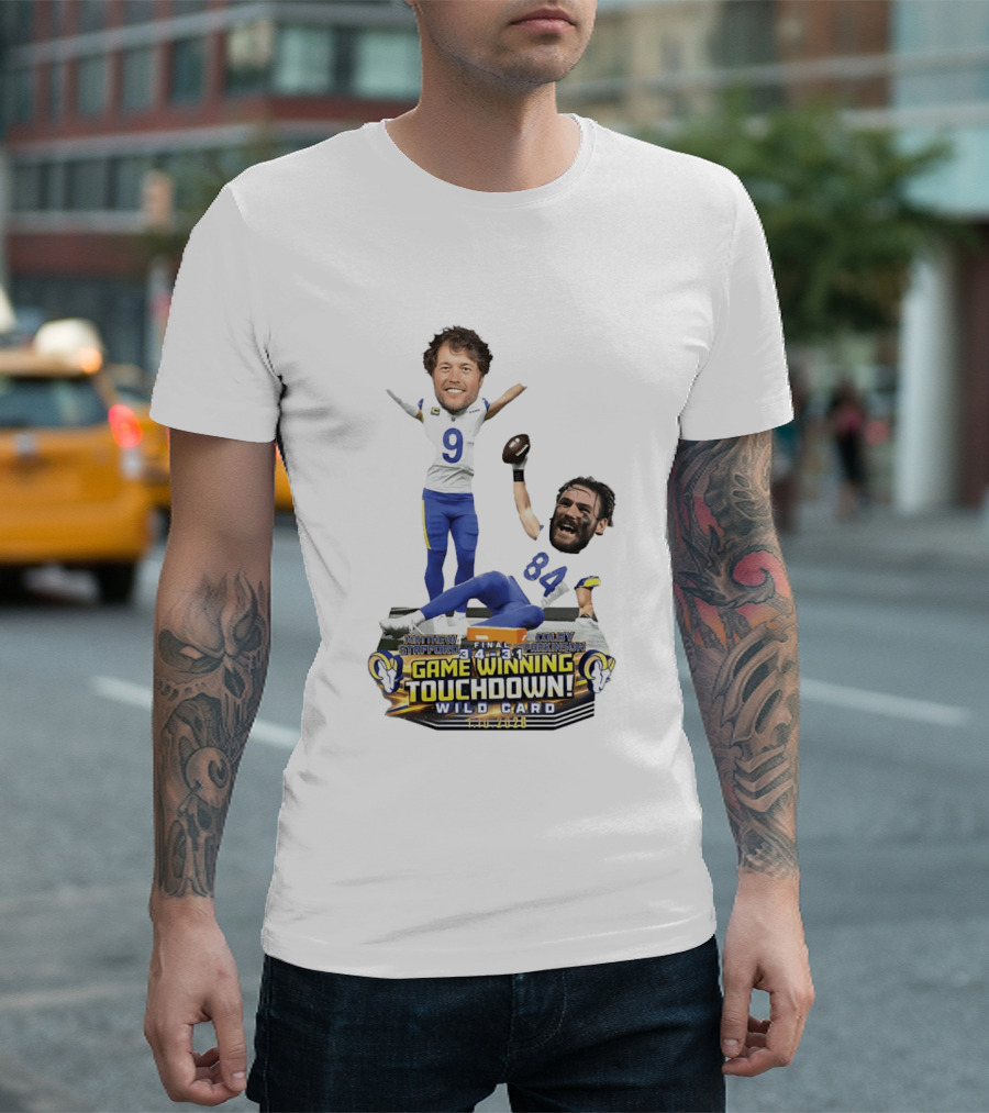 Matthew Stafford Colby Parkinson Los Angeles Rams Game Winning Touchdown Wild Card Caricature 2023 T-Shirt