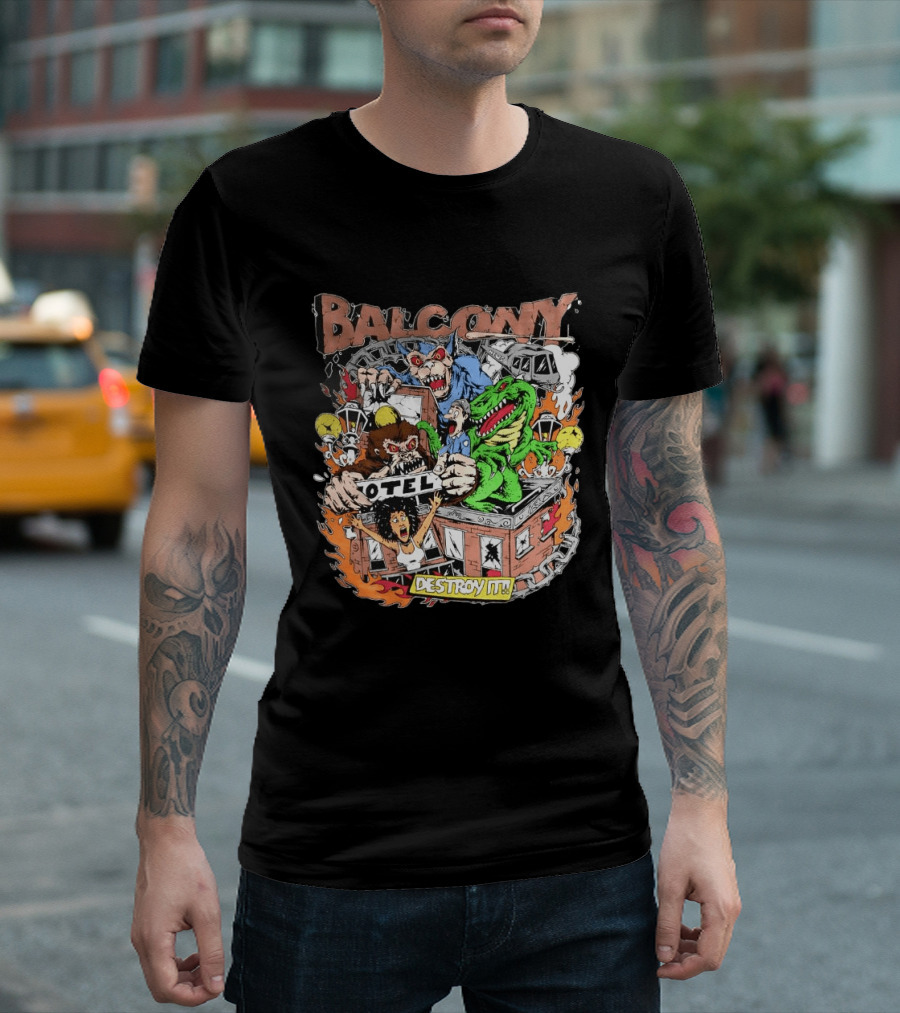 Balcony Hotel Rampage Cartoon Destroy It Monsters And Chaos T-Shirt
