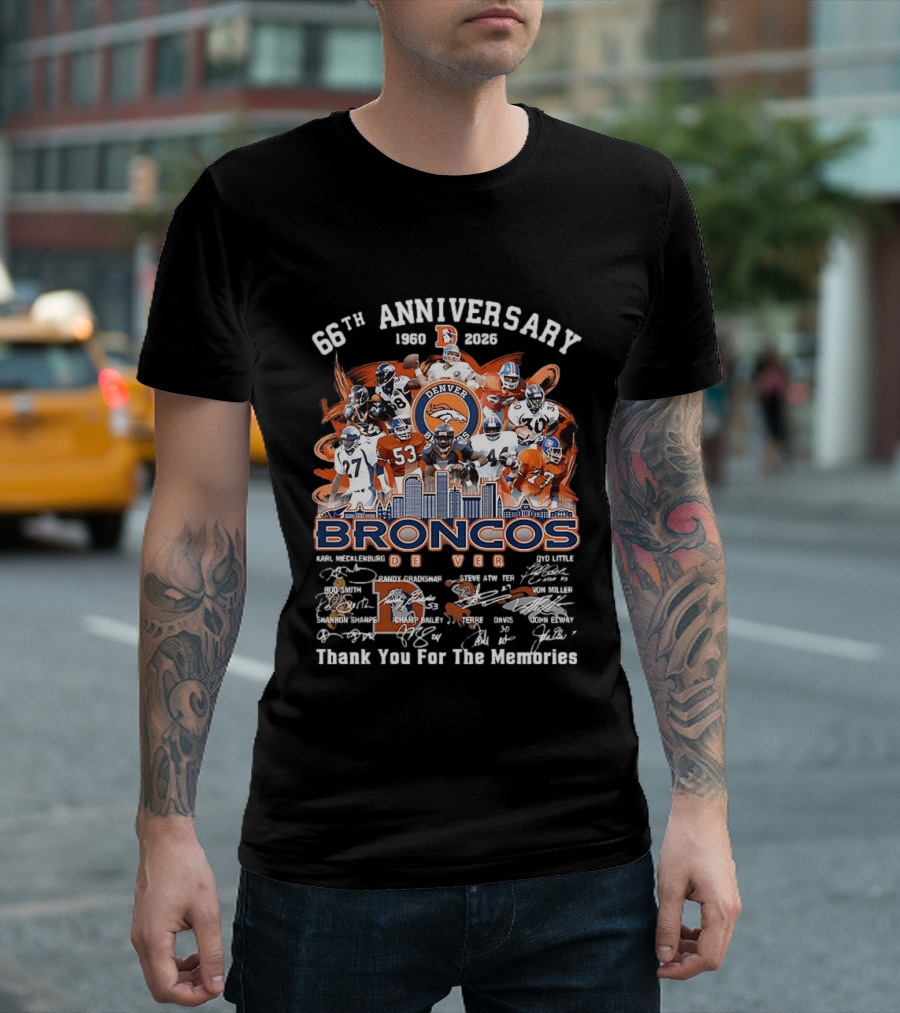 Denver Broncos 66th Anniversary 1959 2023 Thank You For The Memories Skyline Players T-Shirt