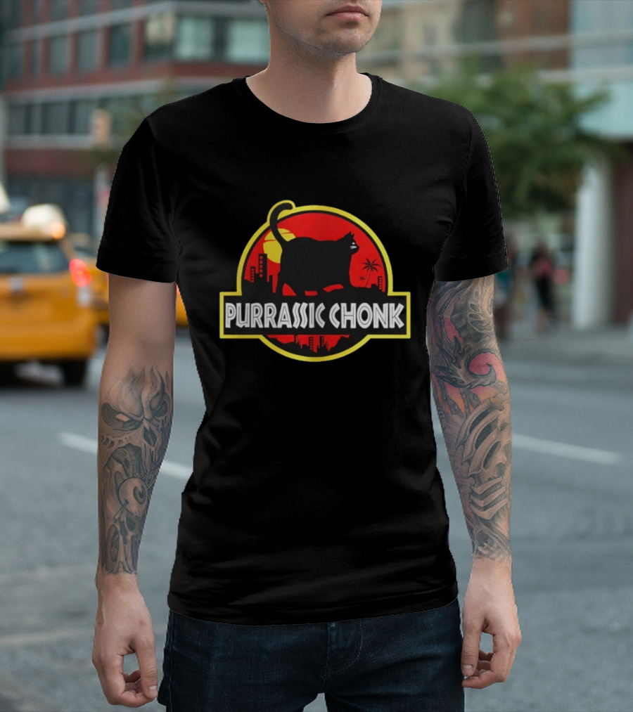 Purrassic Chonk Jurassic Cat Parody With Cat Silhouette On Red Sun T-Shirt