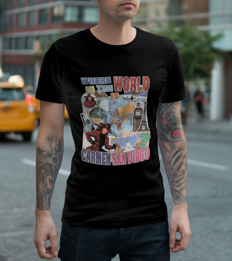 Where In The World Is Carmen Sandiego Map And Landmarks Collage T-Shirt