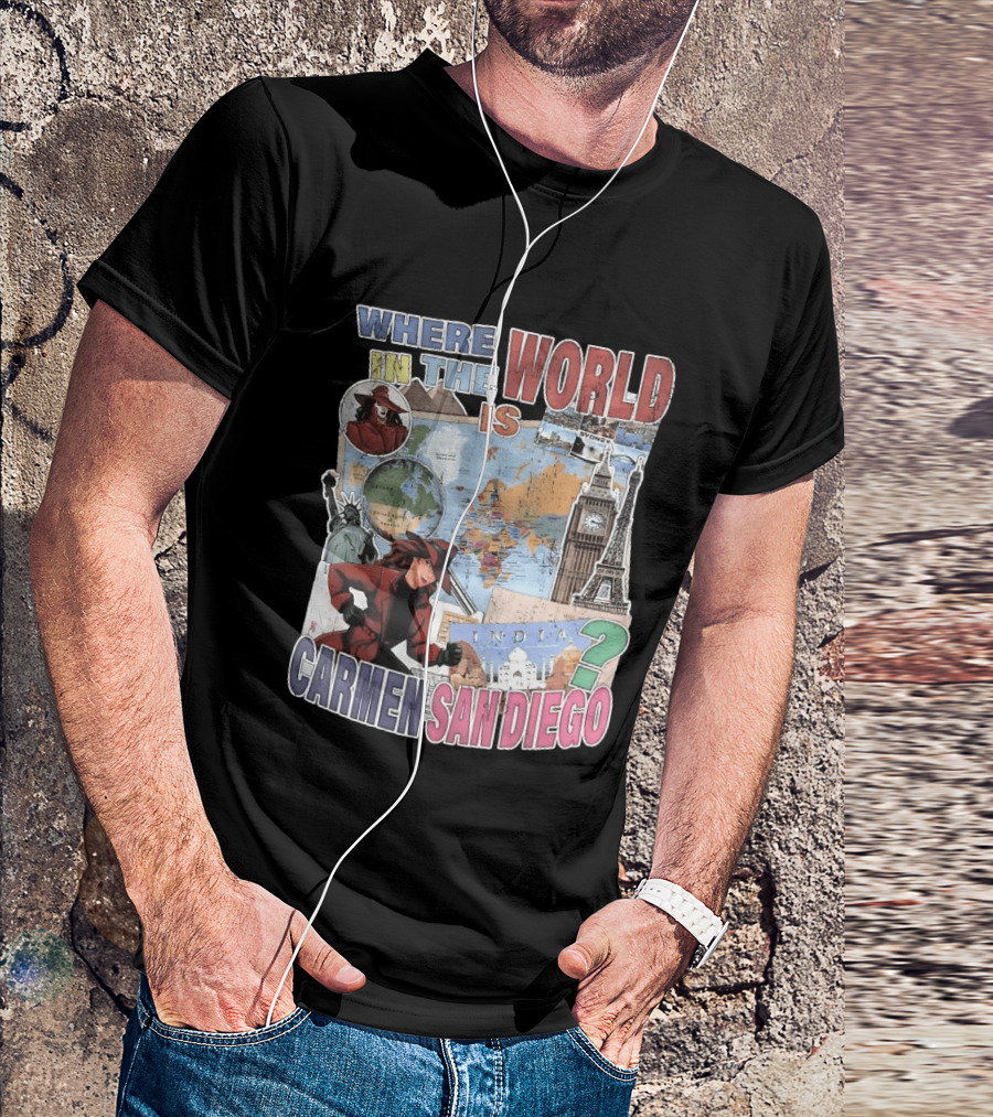 Where In The World Is Carmen Sandiego Map And Landmarks Collage T-Shirt