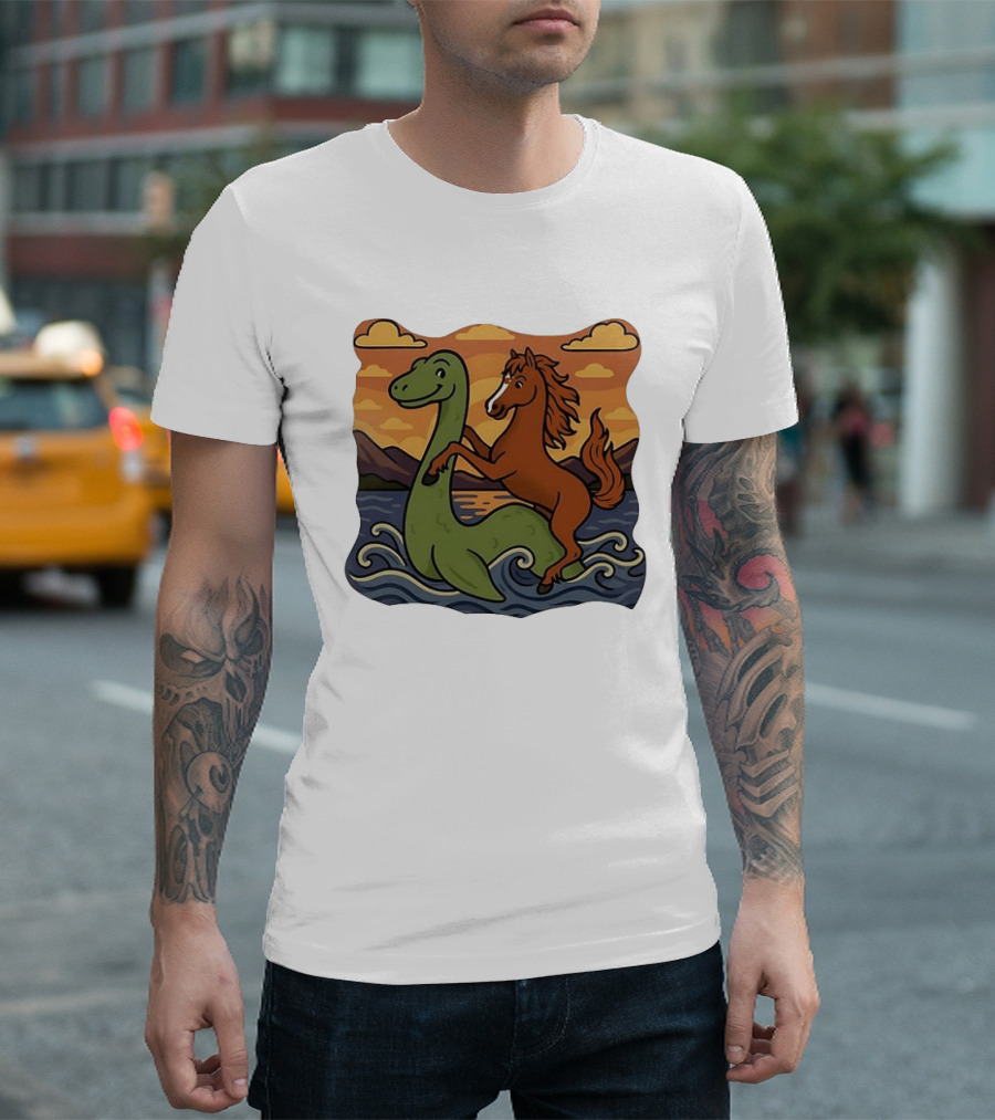 Playful Horse Riding Loch Ness Monster At Sunset Scene T-Shirt