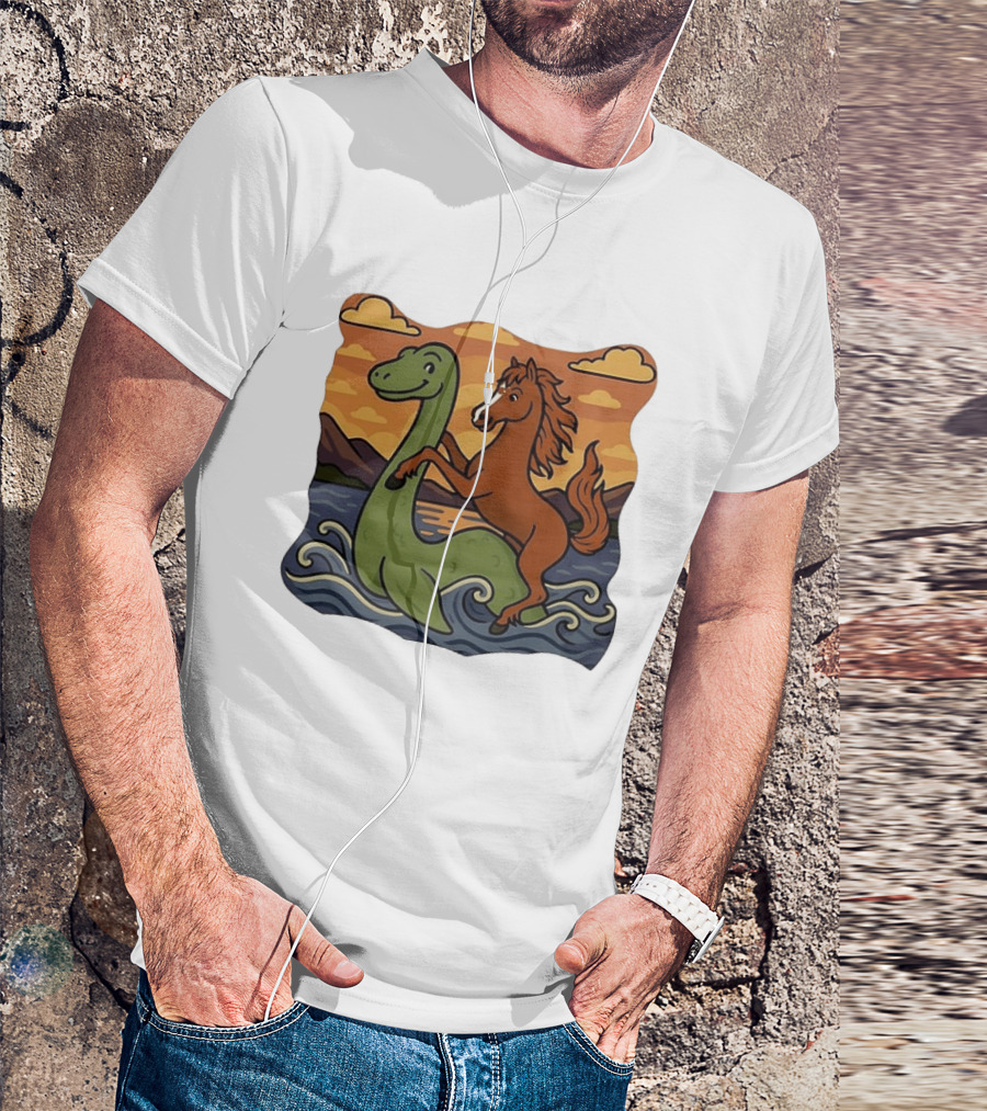 Playful Horse Riding Loch Ness Monster At Sunset Scene T-Shirt
