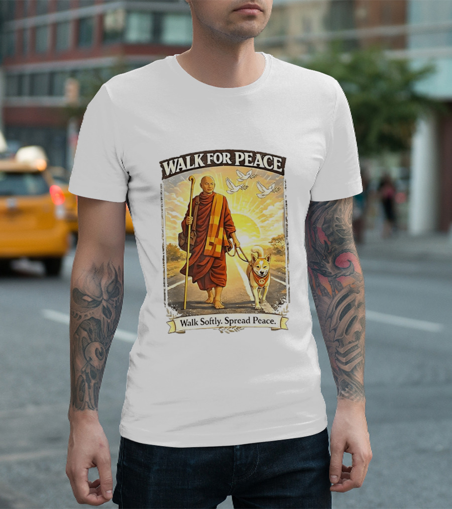 Walk For Peace Walk Softly Spread Peace Monks And Aloka The Peace Dog Doves Sun T-Shirt