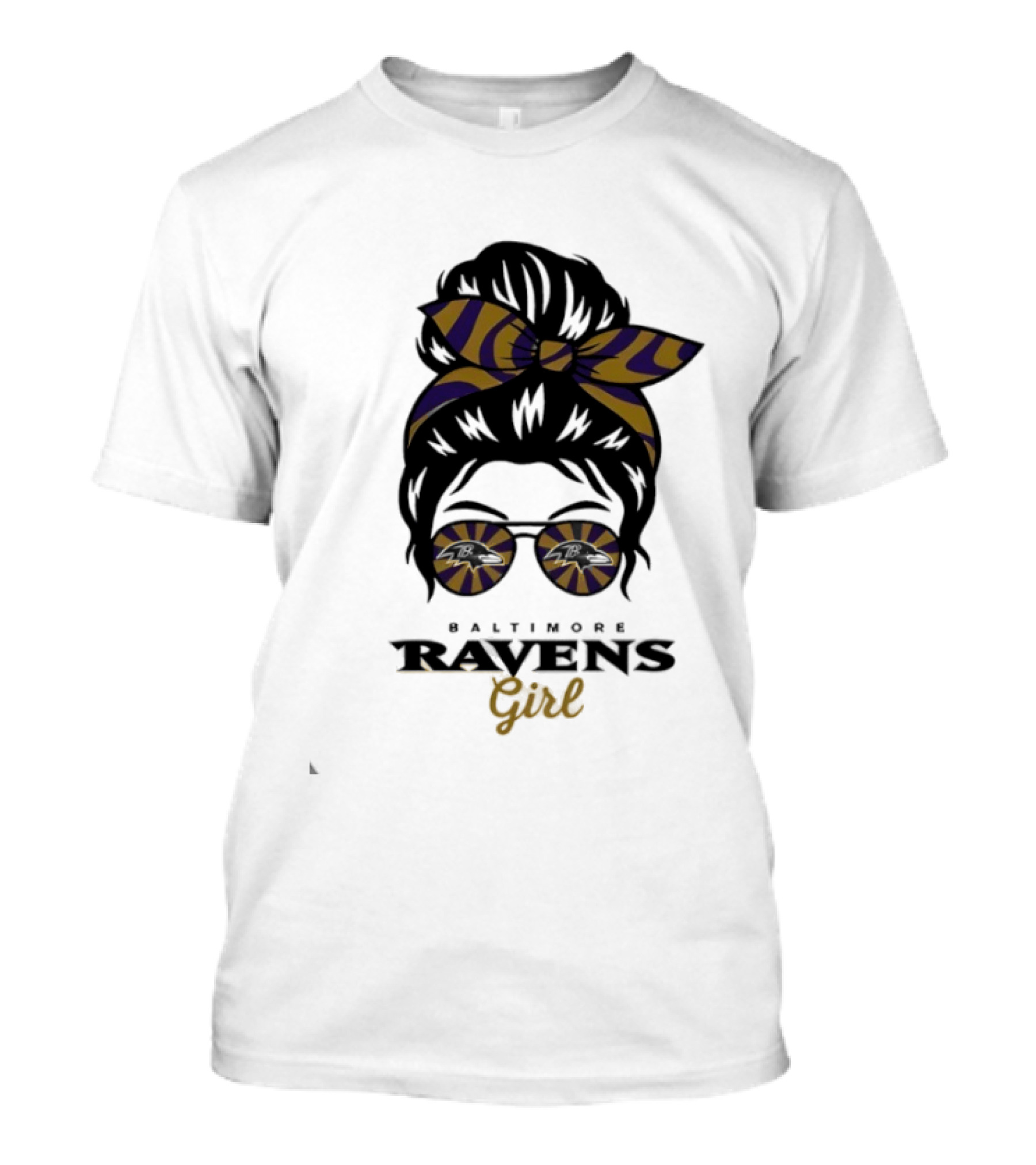 Baltimore Ravens Girl Messy Bun Glasses Bow Fan Gear T-Shirt