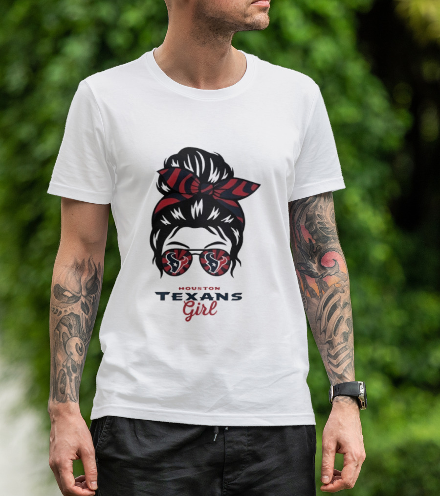 Houston Texans Girl Messy Bun Bow Sunglasses T-Shirt