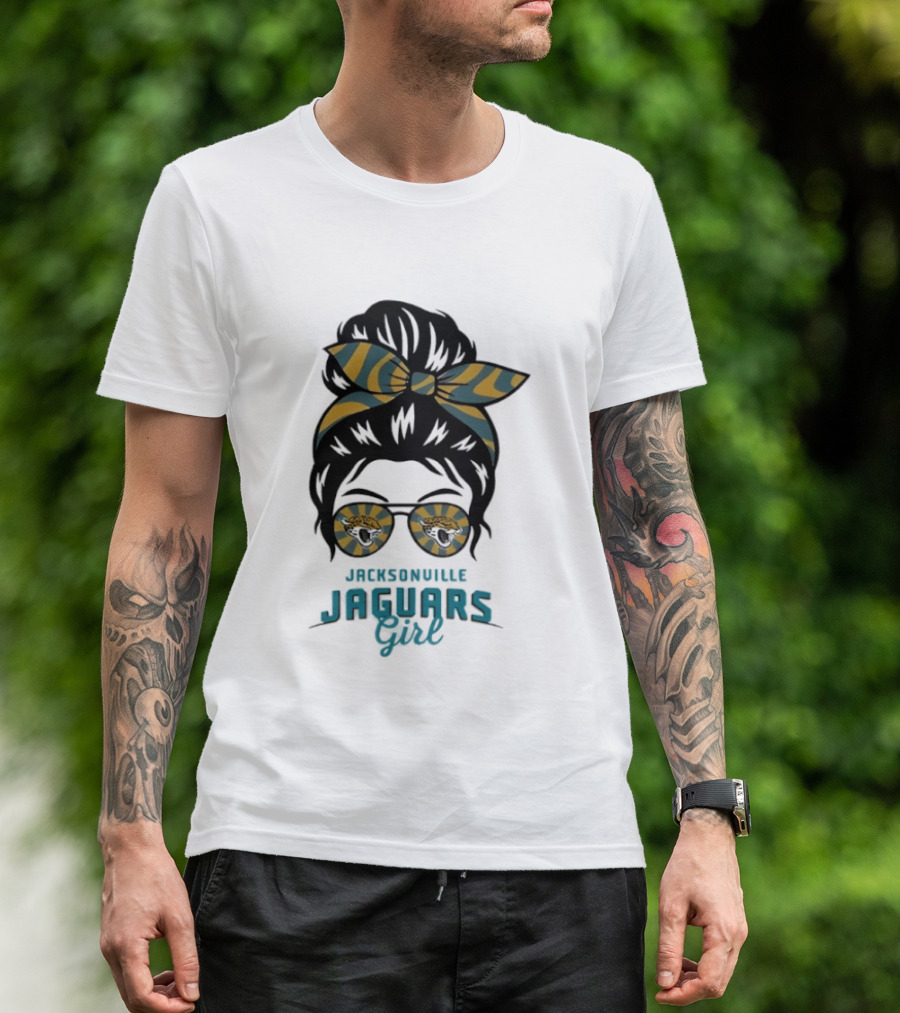 Jacksonville Jaguars Girl Messy Bun Glasses Bow Fan Spirit T-Shirt