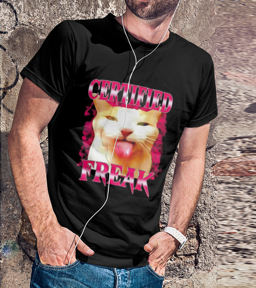 Certified Freak Cat Tongue Out Pink Edge T-Shirt