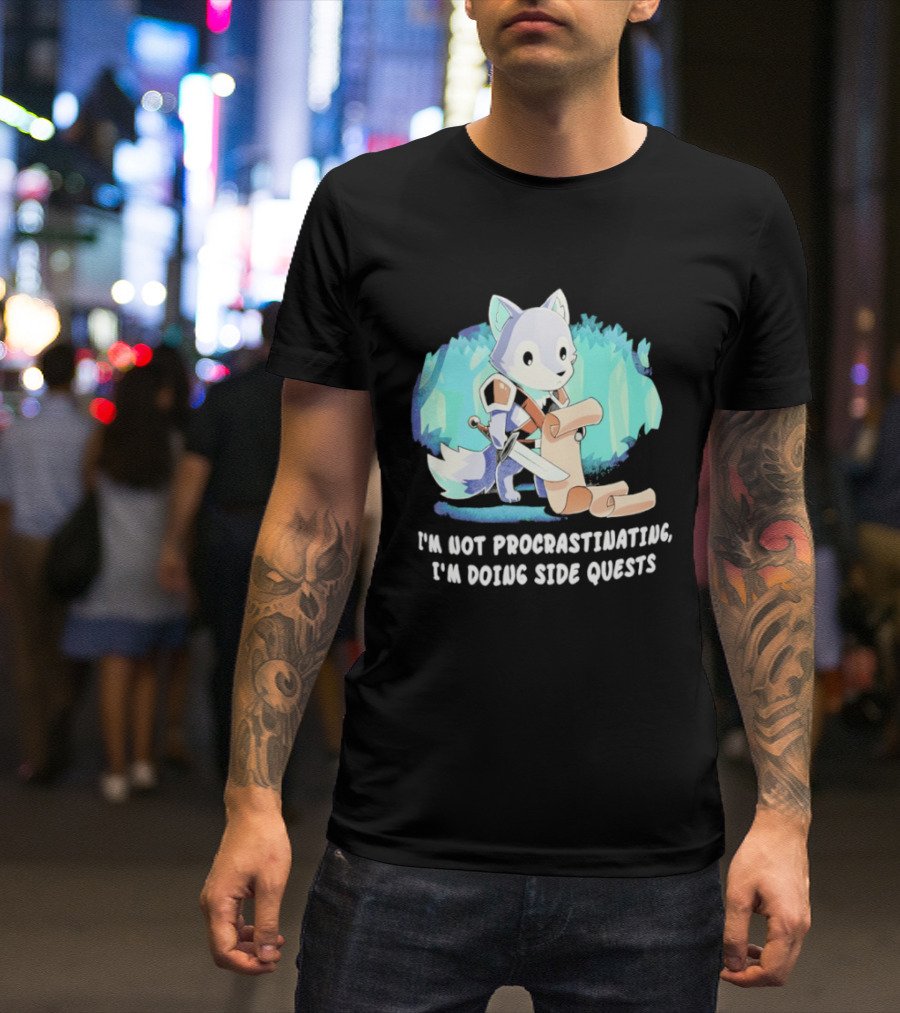 I'm Not Procrastinating I'm Doing Side Quests Cute Fantasy Wolf Cartoon T-Shirt