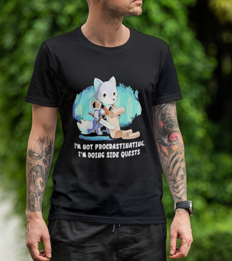I'm Not Procrastinating I'm Doing Side Quests Cute Fantasy Wolf Cartoon T-Shirt