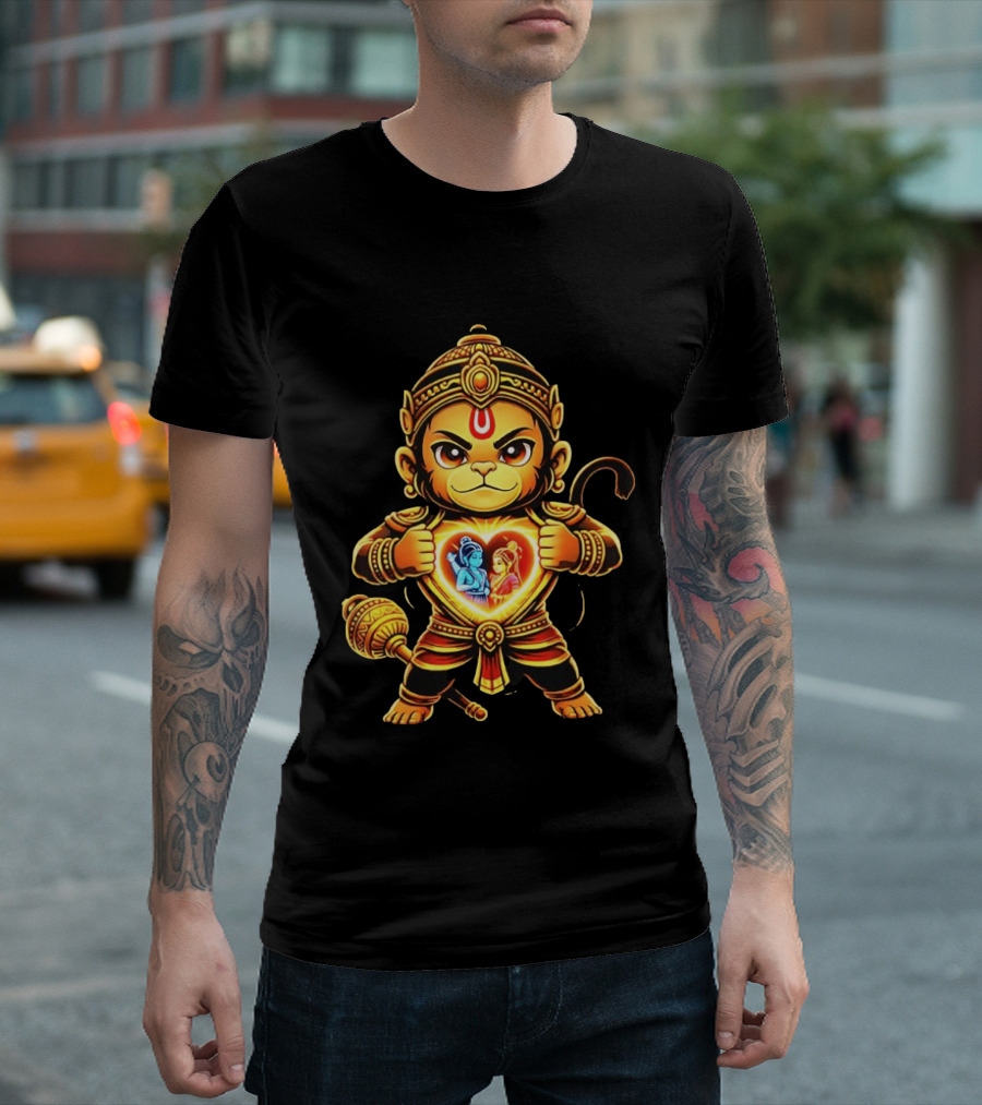 Hanumanji Hanuman Hindu Monkey God Devotee Illustration With Heart Symbol And Ram Sita T-Shirt