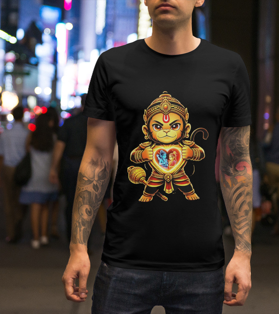 Hanumanji Hanuman Hindu Monkey God Devotee Illustration With Heart Symbol And Ram Sita T-Shirt