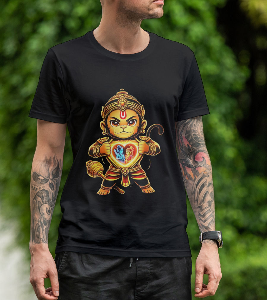 Hanumanji Hanuman Hindu Monkey God Devotee Illustration With Heart Symbol And Ram Sita T-Shirt