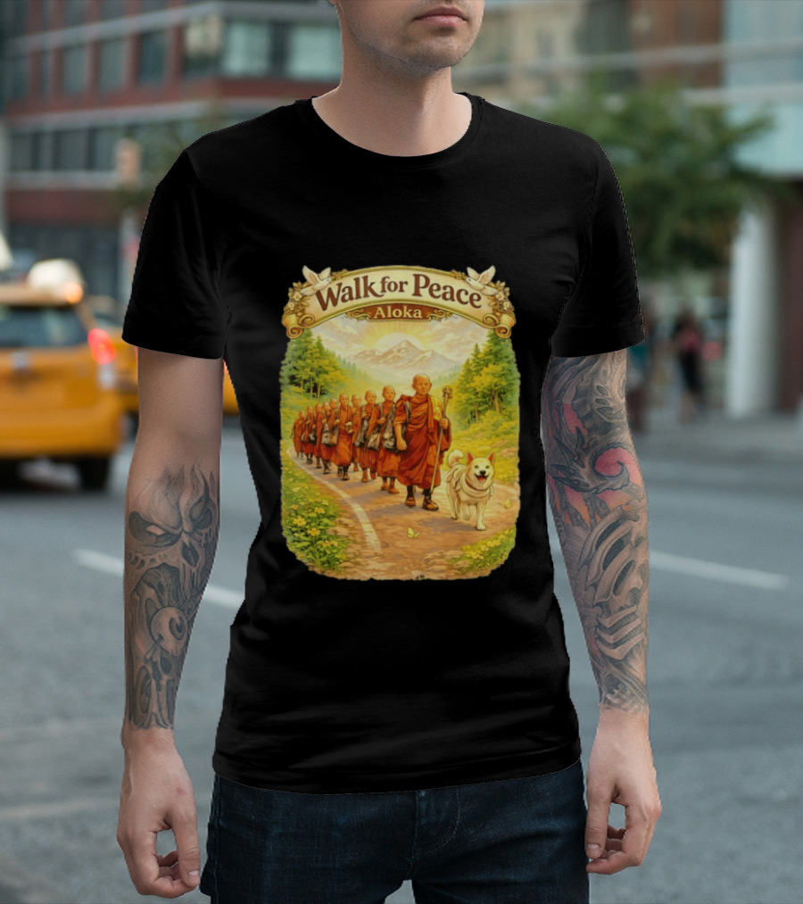 Walk For Peace Aloka Monks With Dog In Nature Trail T-Shirt