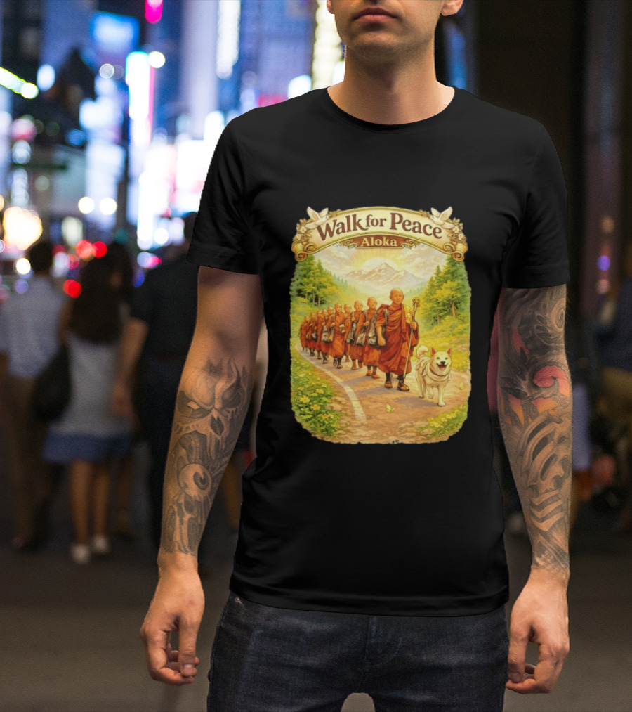Walk For Peace Aloka Monks With Dog In Nature Trail T-Shirt