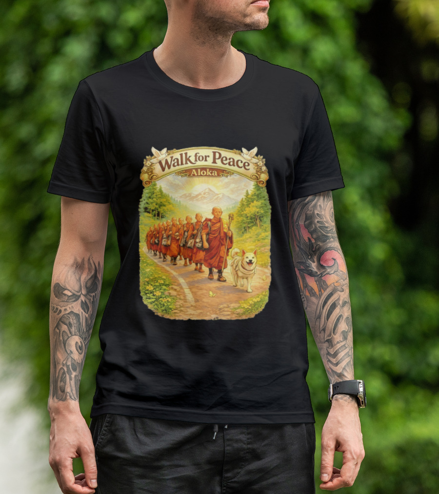 Walk For Peace Aloka Monks With Dog In Nature Trail T-Shirt