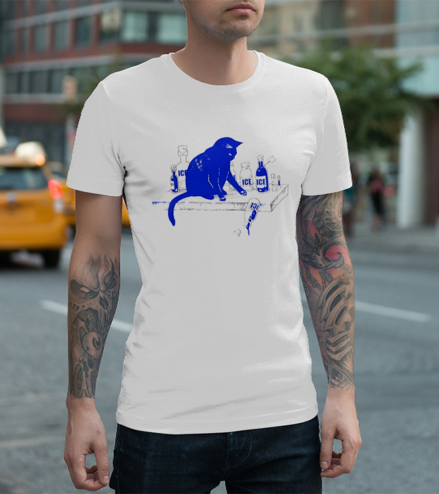 Cat Surrounded By Ice Bottles On A Table T-Shirt