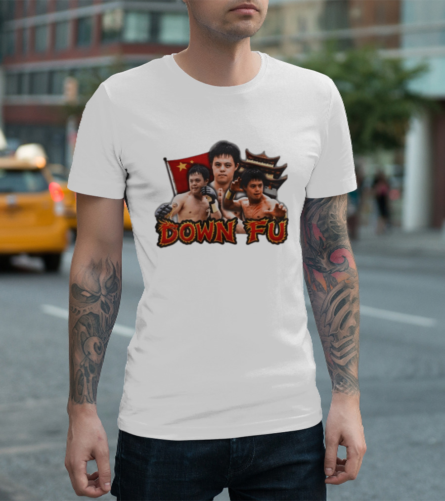 Down Fu Martial Arts Style With Fighters And Chinese Pagoda T-Shirt